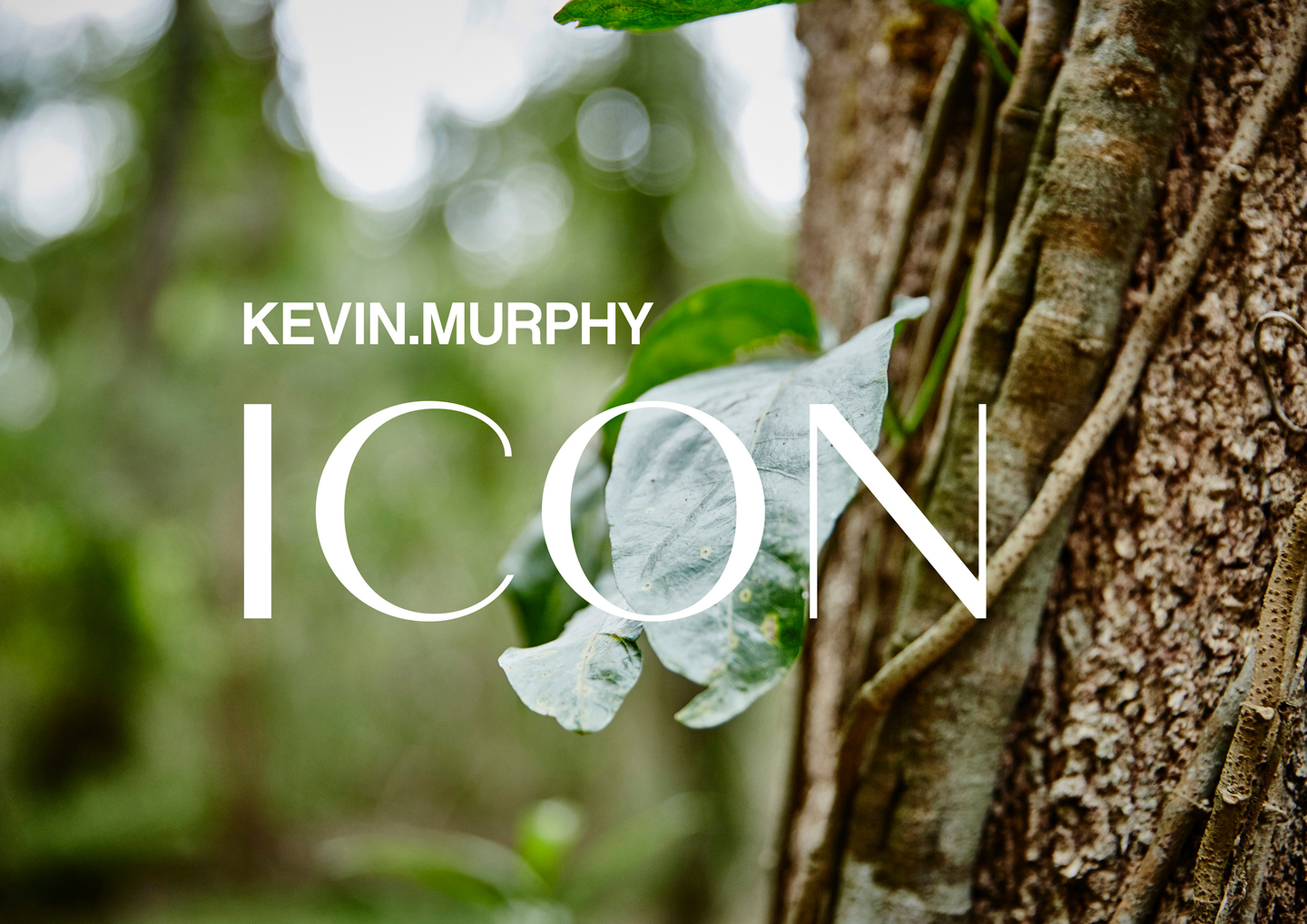 KEVIN.MURPHY ICON branding over a natural leafy background, emphasizing eco-friendly haircare.